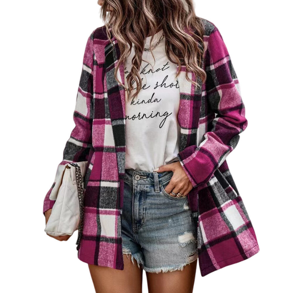 Women's Loose Check Pocket Wool Jacket Cardigan Lapel Top
