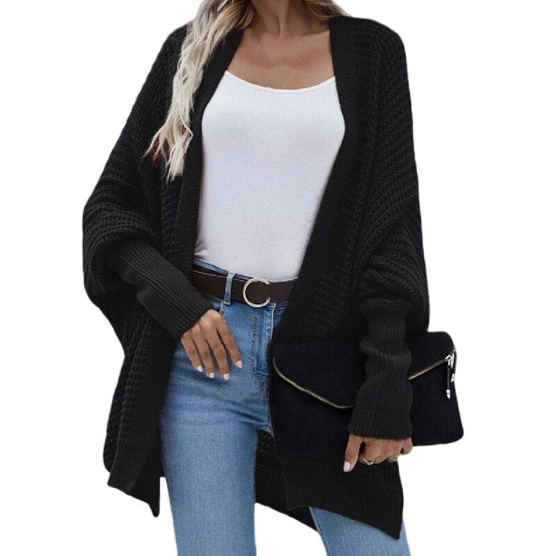 Open Front Knit Cardigan Batwing Sleeve Sweater