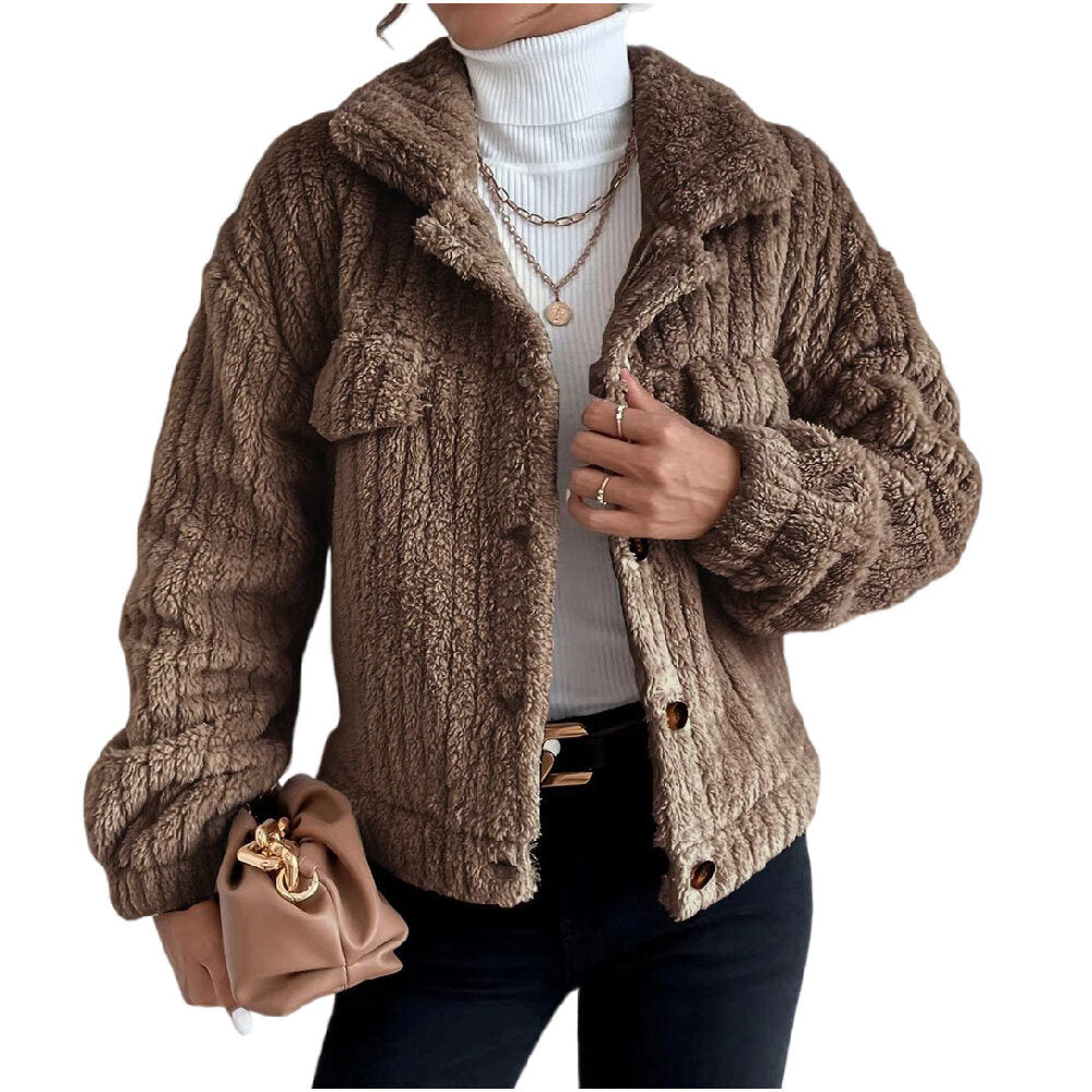 Women Sherpa Jacket Lapel Fleece Button Plush Coat