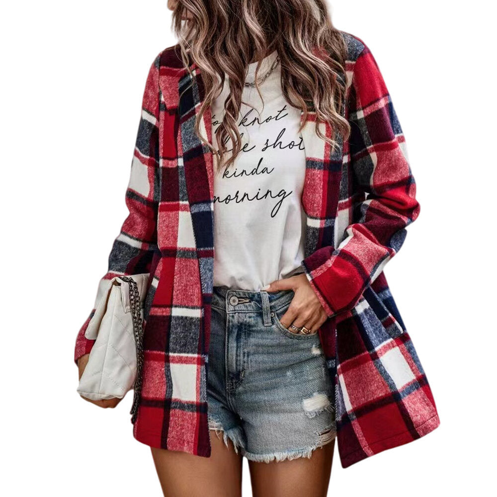 Women's Loose Check Pocket Wool Jacket Cardigan Lapel Top