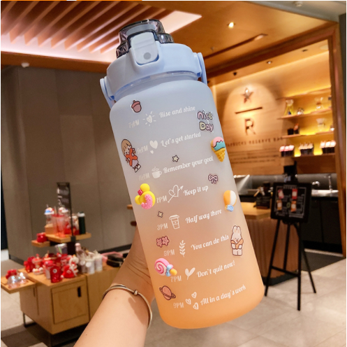 2 Liter Water Bottle With Straw Motivational Water Jug Plastic Frosted Bottles With Time Marker Outdoor Sports Water Bottles Cup