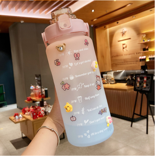 2 Liter Water Bottle With Straw Motivational Water Jug Plastic Frosted Bottles With Time Marker Outdoor Sports Water Bottles Cup