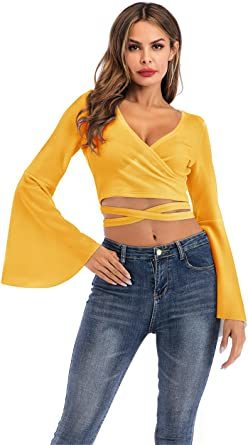 Women's Sexy Tie Up Crop Top Ladies Flared Sleeve Deep V Neck Casual Basic T Shirt