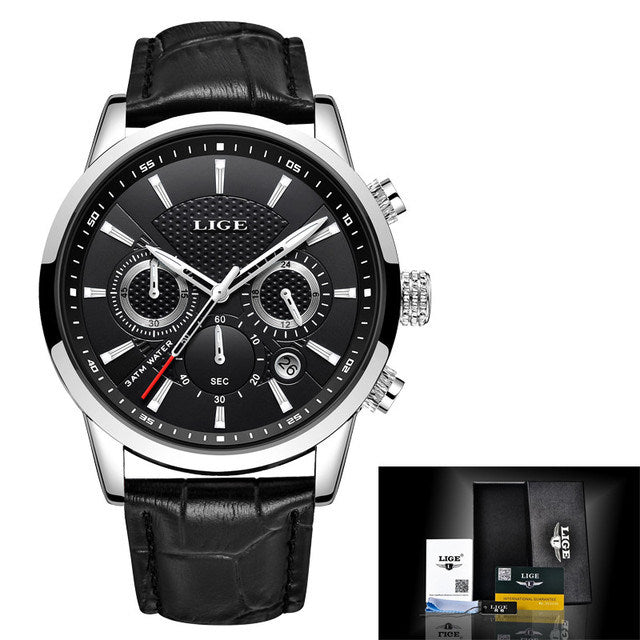 LIGE Men Watch Luxury Leather Waterproof Sport Quartz Wristwatch Chronograph Military Watch for Men Relogio Masculino Men's Gift