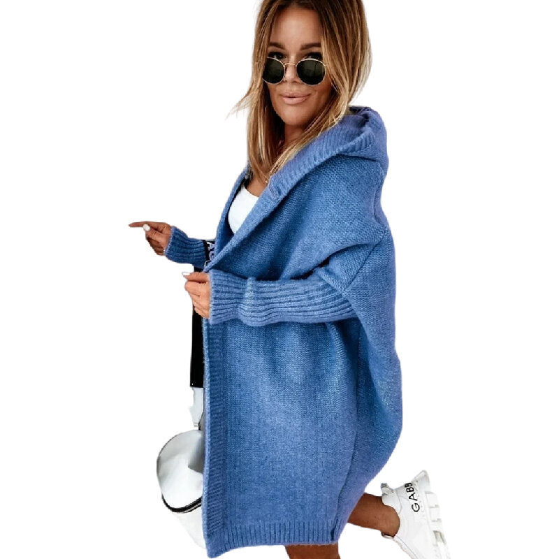 Women Batwing Sleeve Oversized Hooded Sweater Cardigan