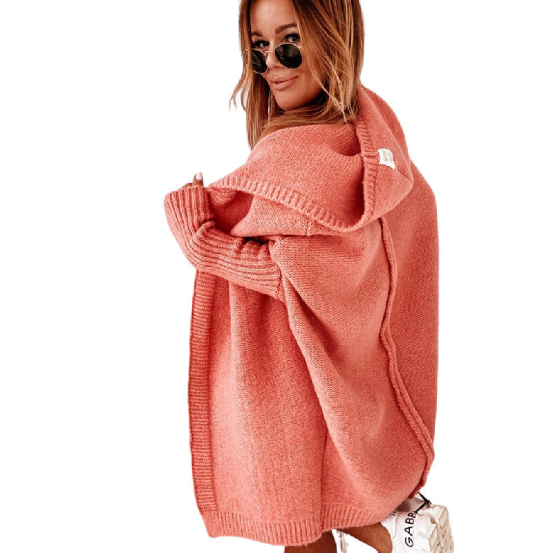 Women Batwing Sleeve Oversized Hooded Sweater Cardigan