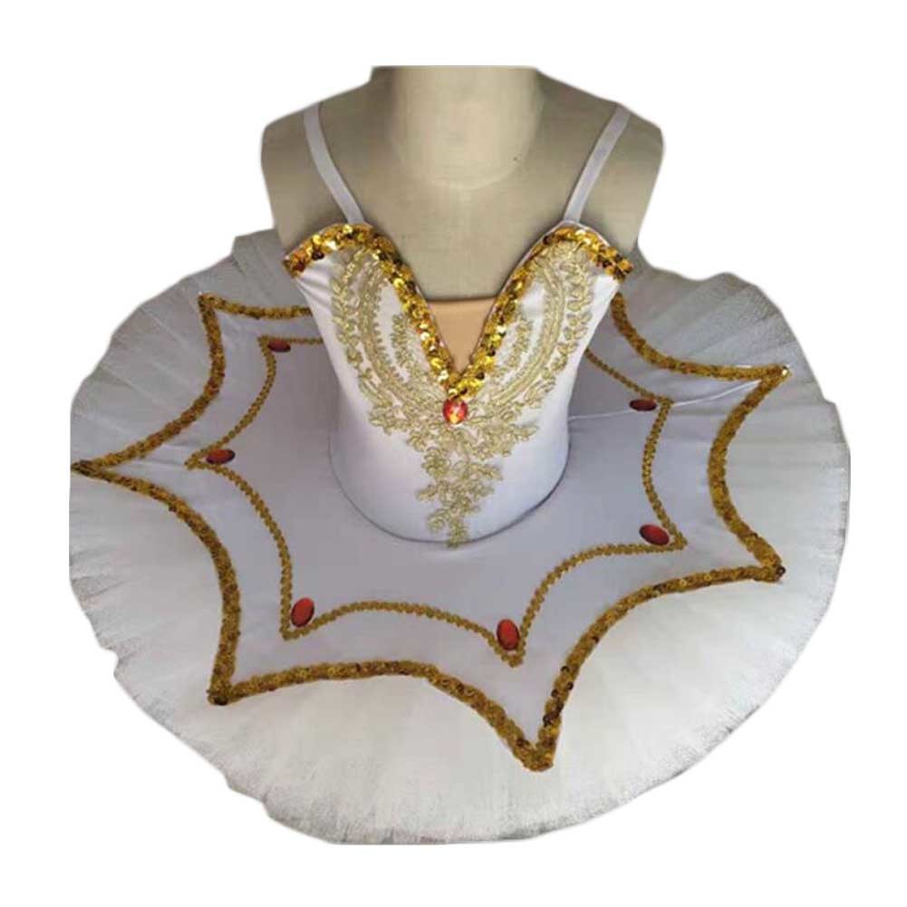 Girls White Ballet Dress Swan Costume Kids Ballet Dress Golden Sequin Ballet Tutu Skirt Dress