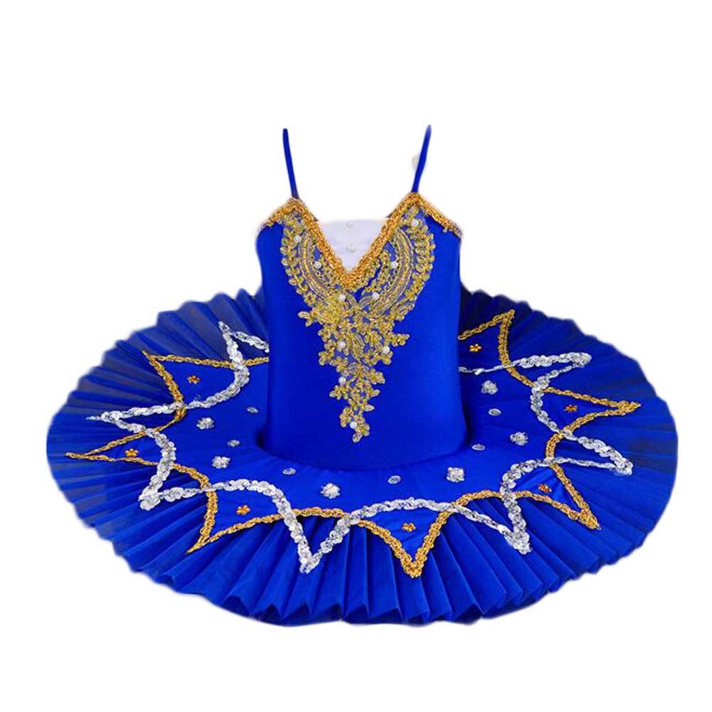 Royal Blue Girls Ballet Dance Dress Swan Costume Dress Golden Sequin Ballet Tutu Gauze Skirt