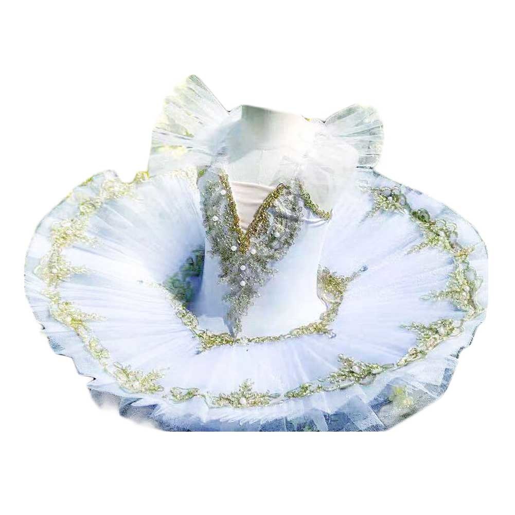 Girls Ballet Dance Dress Kids Swan Costume Dress Embroidery Golden Sequin Ballet Tutu Gauze Skirt White