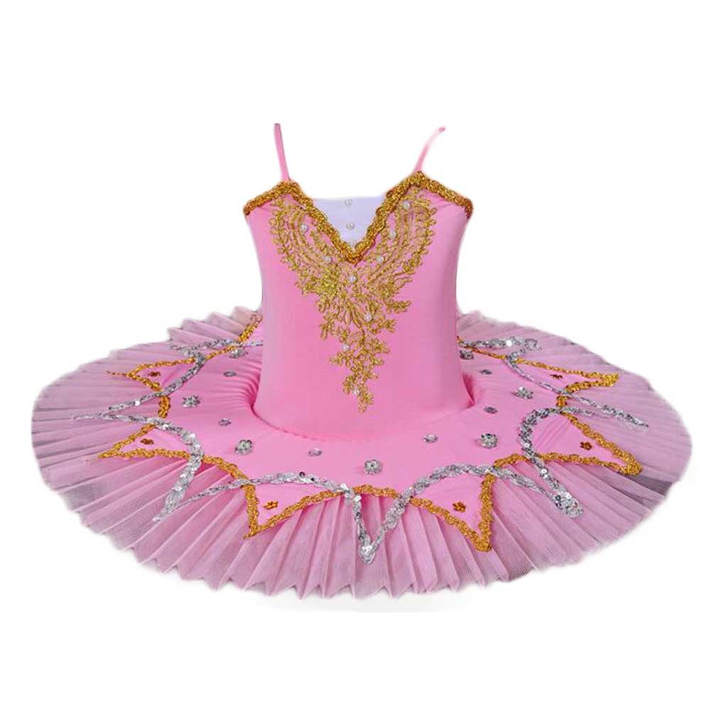 Pink Girls Ballet Dance Dress Swan Costume Dress Golden Sequin Ballet Tutu Gauze Skirt