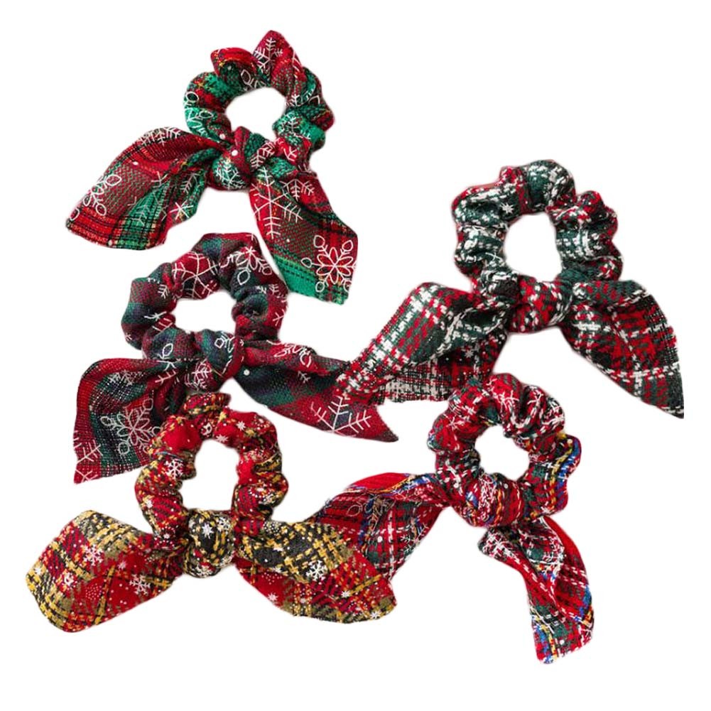 5 Pcs Woven Christmas Rabbit Ears Ribbon Hair Scrunchies Winter Polyester Elastics Hair Band Knotted Hair Ties Hair Accessories