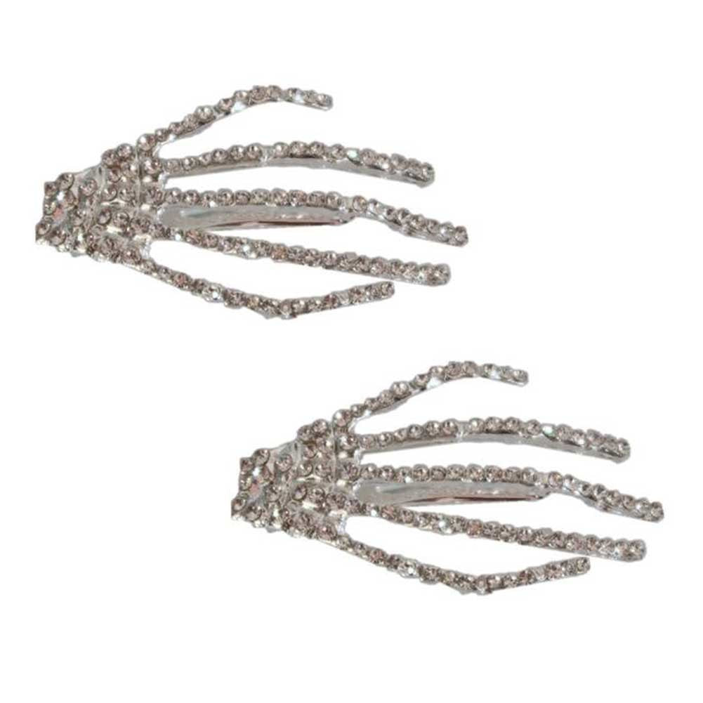 2 Piece Silver Skull Ghost Claw Rhinestone Hair Clips Halloween Gothic Hand Bone Metal Punk Rock Hair Clips