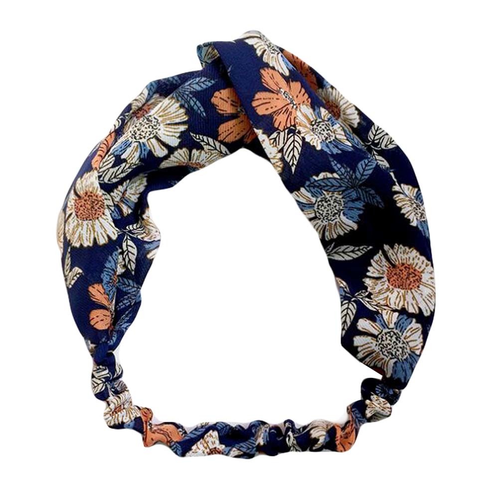 Navy Blue Flower Nylon Head Wrap Headband Vintage Elastic Hairband Hair Accessor