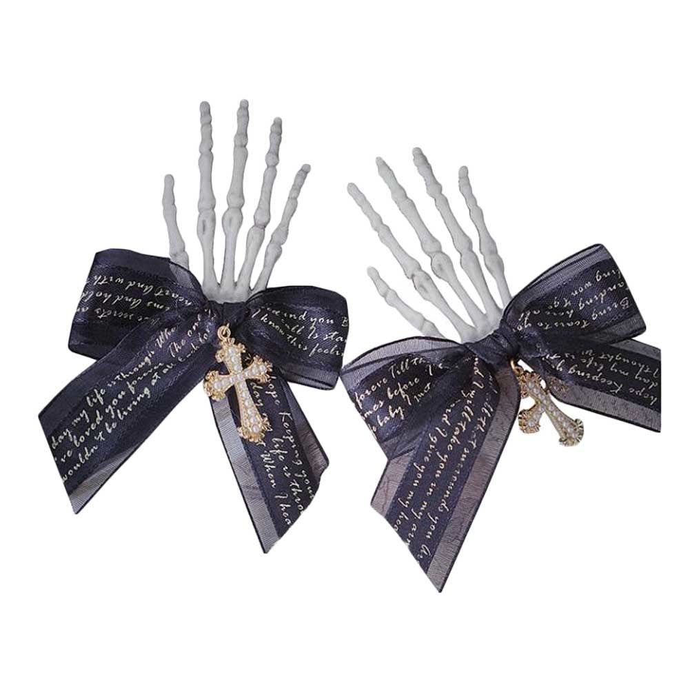 1 Pair Handmade Black Skull Finger Skeleton Hair Clips Halloween Gothic Hair Clips Bow Ribbon Cross Hair Accessories