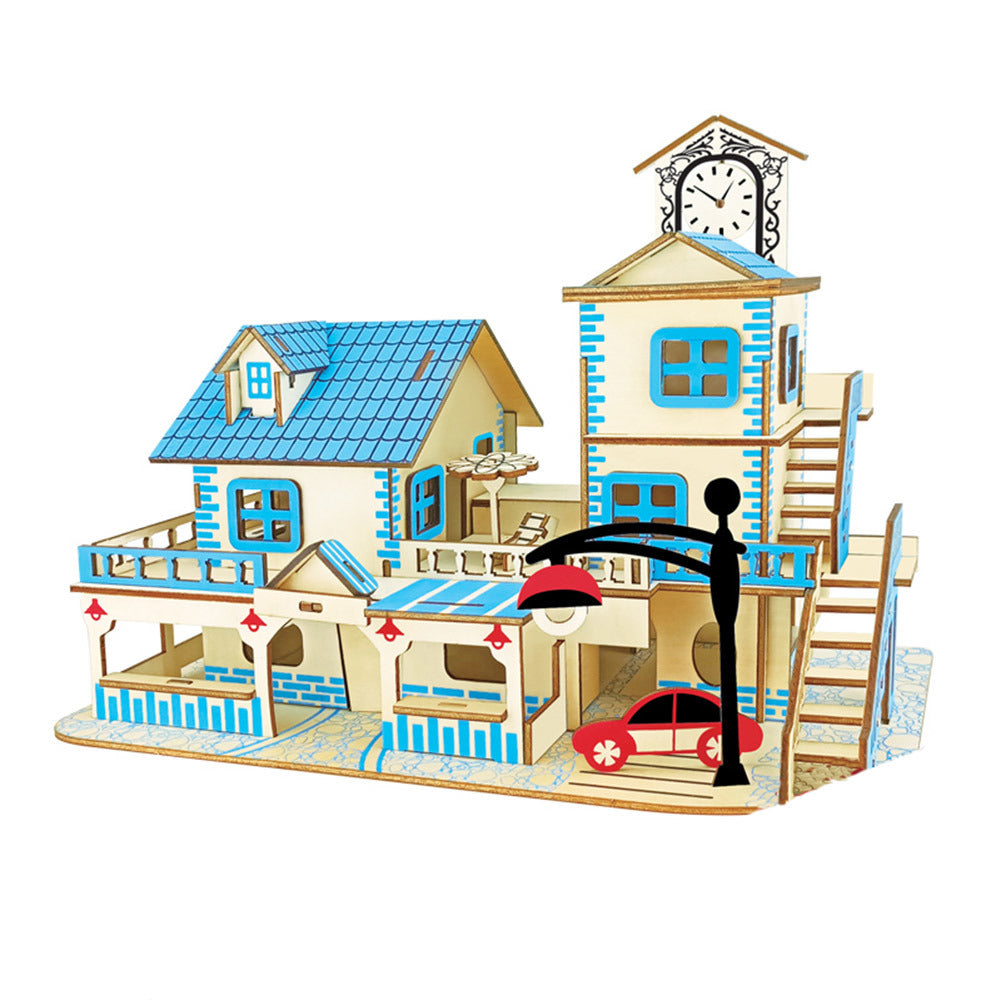 3D Wooden Puzzle for Adult Blue House DIY Assembly Building Cityscape Model Home Decor Gift