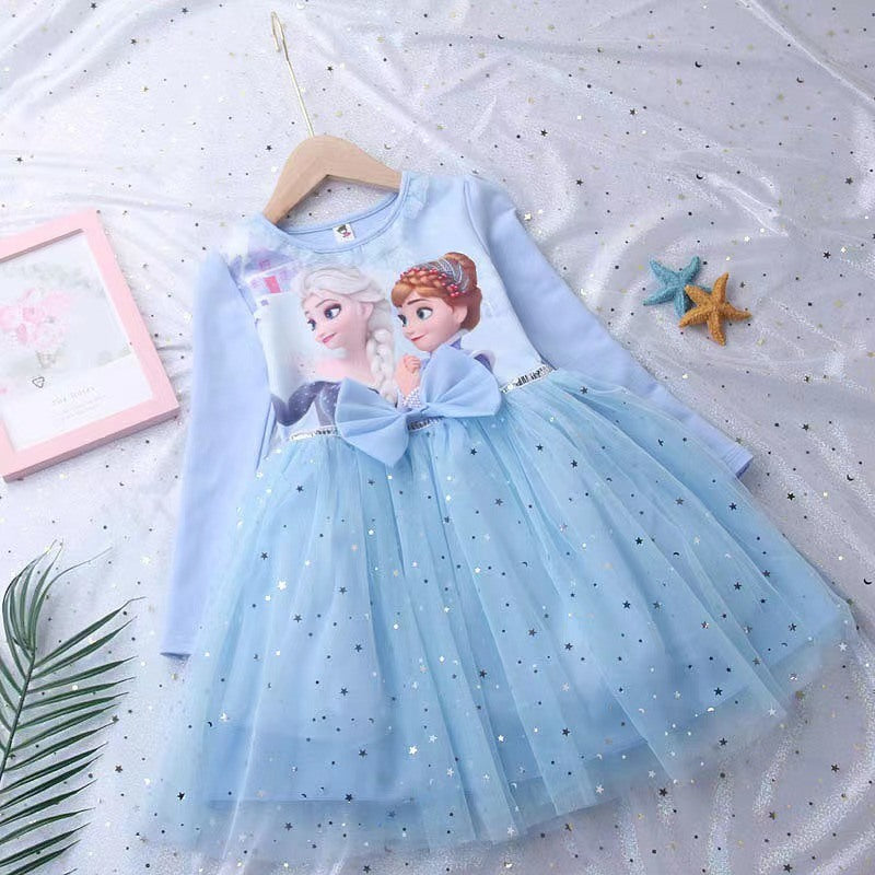 Girls Princess Elsa Fall Dresses Long Sleeve Anna Dresses Kids Birthday Party Prom Dress
