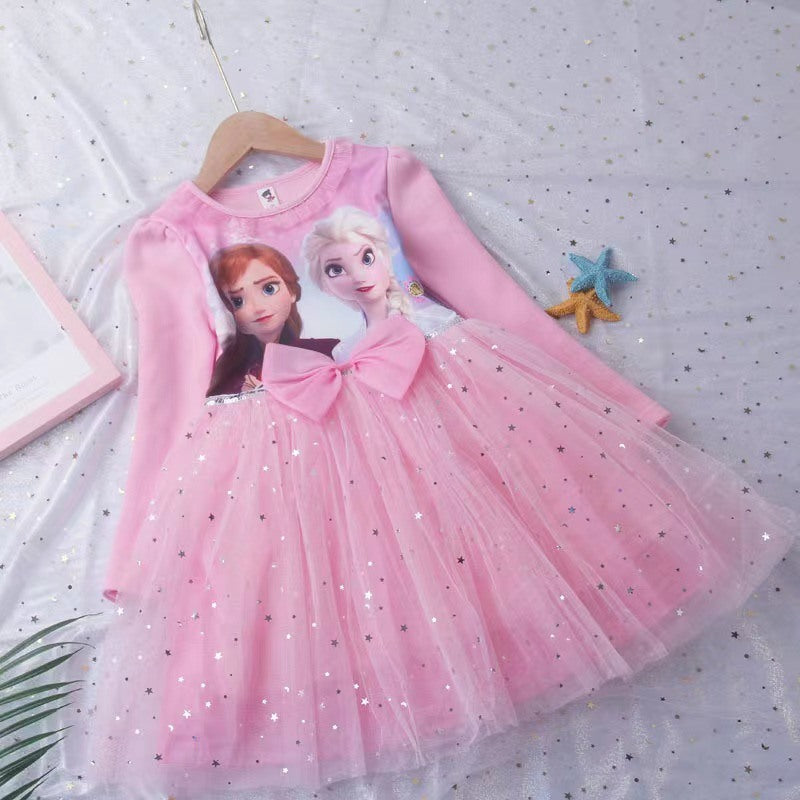 Girls Princess Elsa Fall Dresses Long Sleeve Anna Dresses Kids Birthday Party Prom Dress