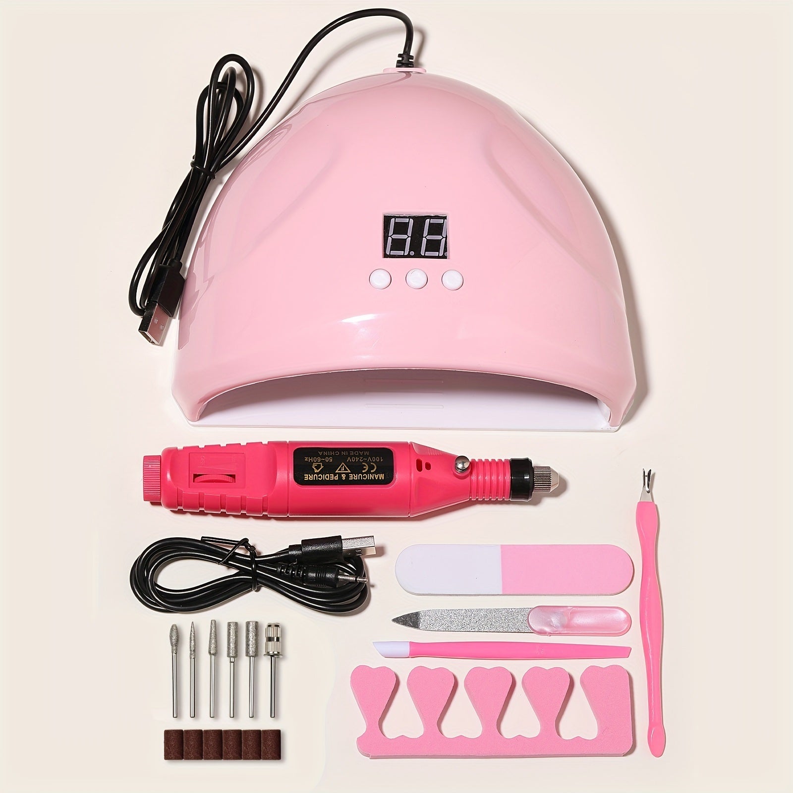 7 In 1 Nail Art Tool Set,Nail Lamp, Nail Polish, Glue Drying Machine, Nail Polisher, Dead Skin Fork, Dead Skin Push, Rubbing, Finger Divider, Stainless Steel Kit