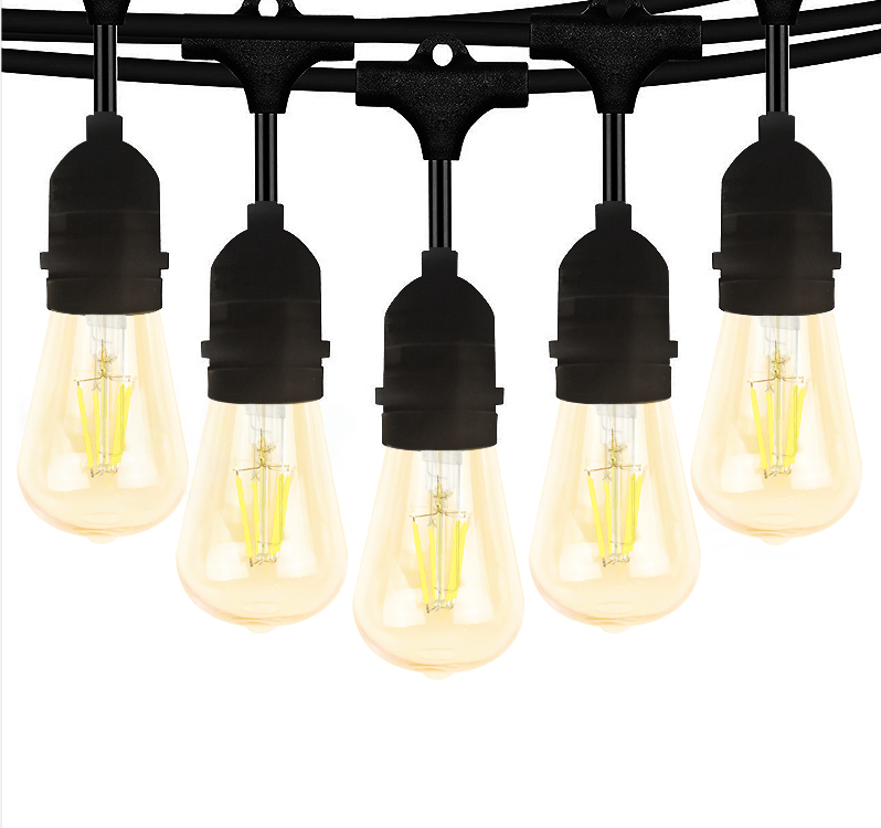 Outdoor LED String Light 1W, 15m, 15 pc Outdoor patio String lights with 15 pc shock proof waterproof UL Edison style LED bulbs, Garden Courtyard Fence Bistro Lounch Wedding Decor-Black