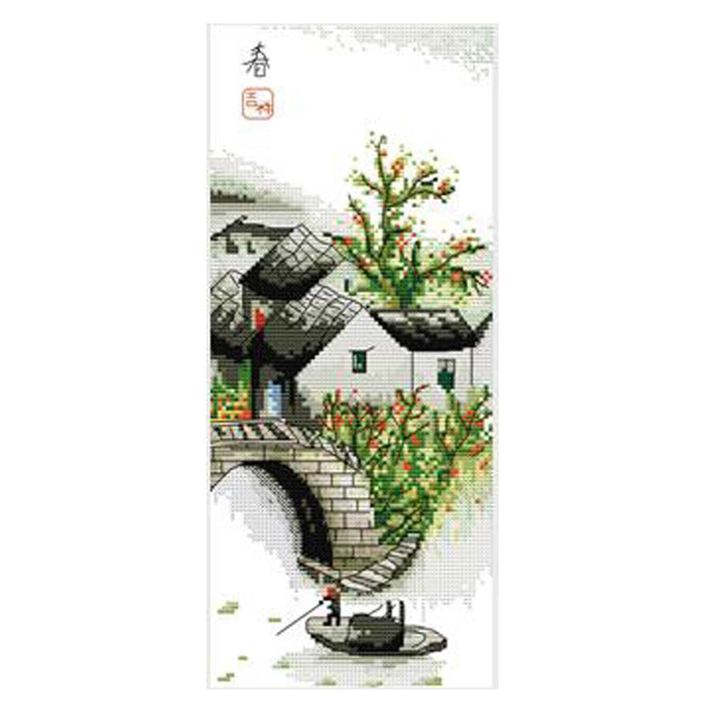 11CT Chinese Style Counted Cross Stitch Landscape Embroidery Kits DIY Needlework Ancient Watertown in Spring, 9x18 inch