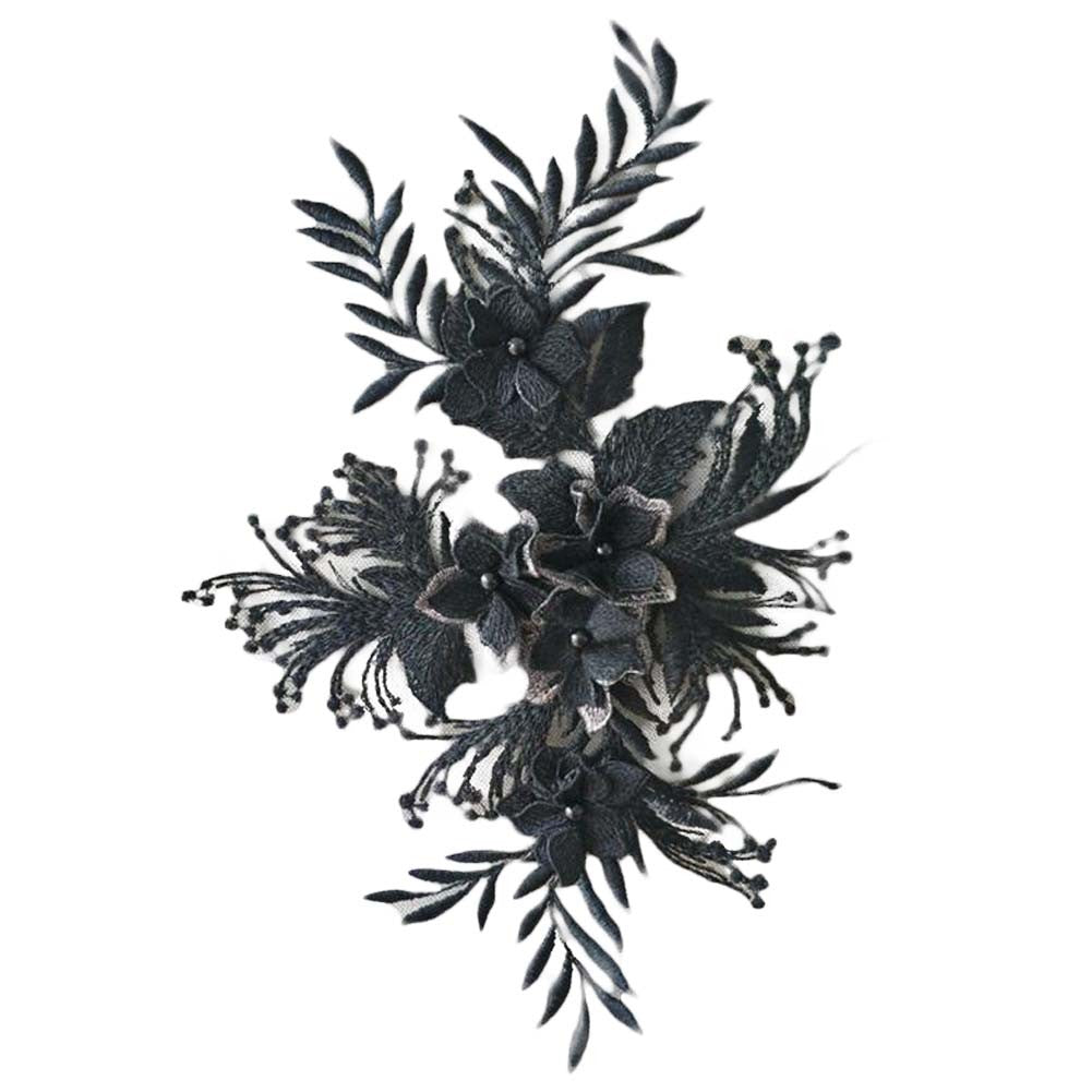 1 Piece 3D Black Flower Beaded Applique Patch Embroidery Lace Wedding Party Dress DIY Sewing Clothing Accessories