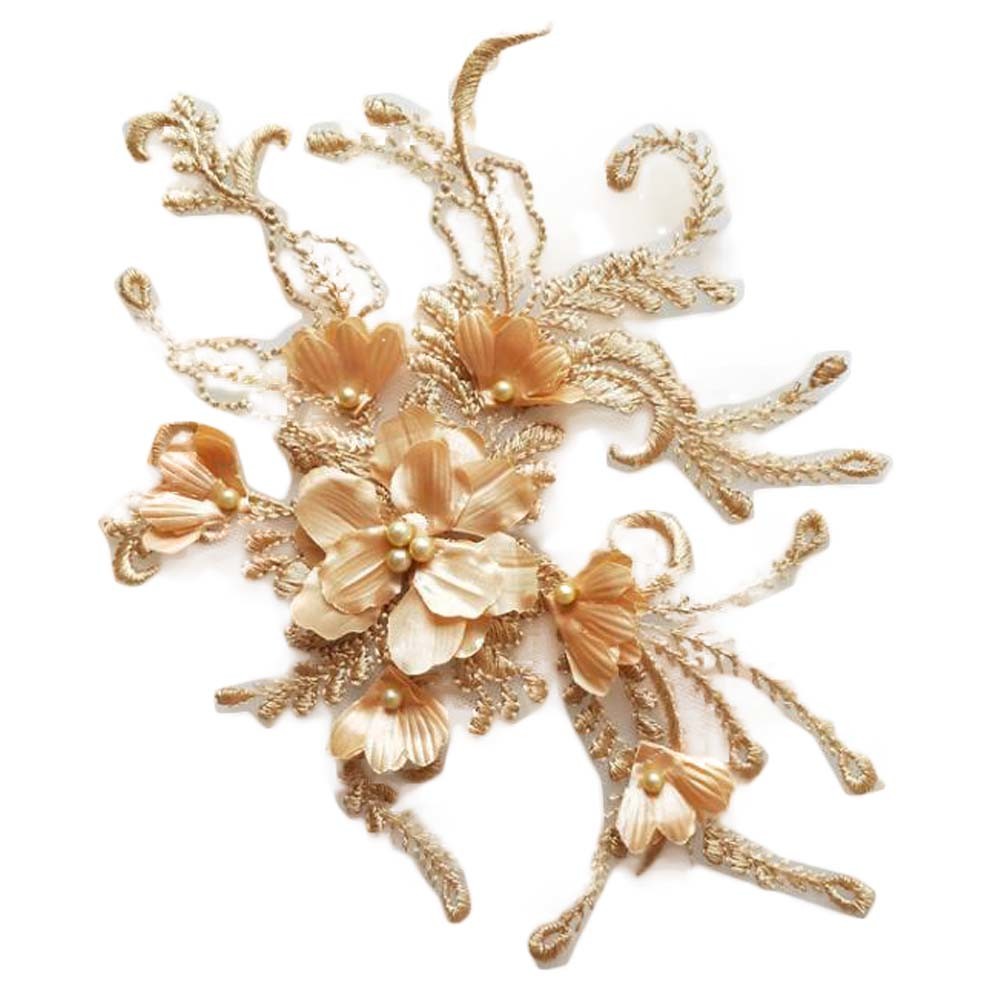 2 Pcs Gold 3D Flower Embroidery Applique Patches Lace Beaded Wedding Dress Patches DIY Sewing Clothing Accessories