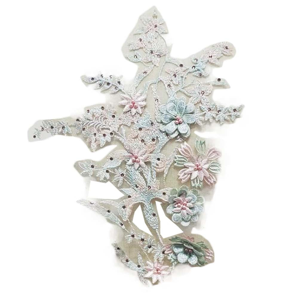 1 Piece 3D Embroidery Flowers Beaded Applique Patches DIY Sewing Lace Patches, Pink Blue