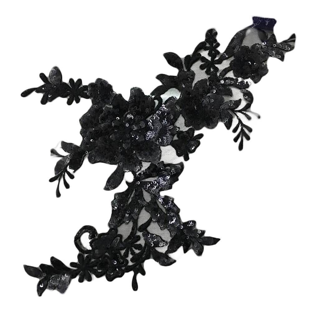 1 Piece Black Sequin Embroidered Applique Patch Sewing Flower Wedding Evening Dress Lace Large Patches