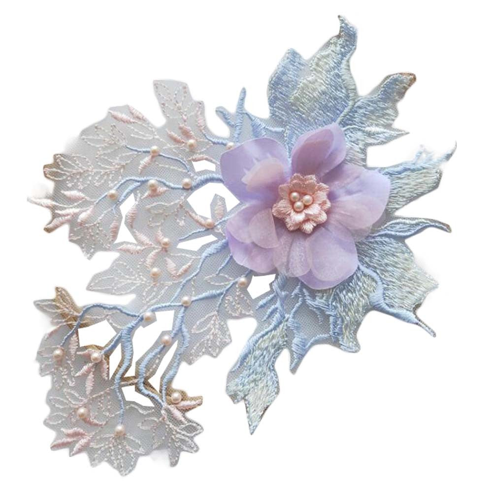 2 Pcs 3D Flower Sewing Embroidery Applique Patches DIY Lace Floral Wedding Dress Patches, Pink Blue Purple