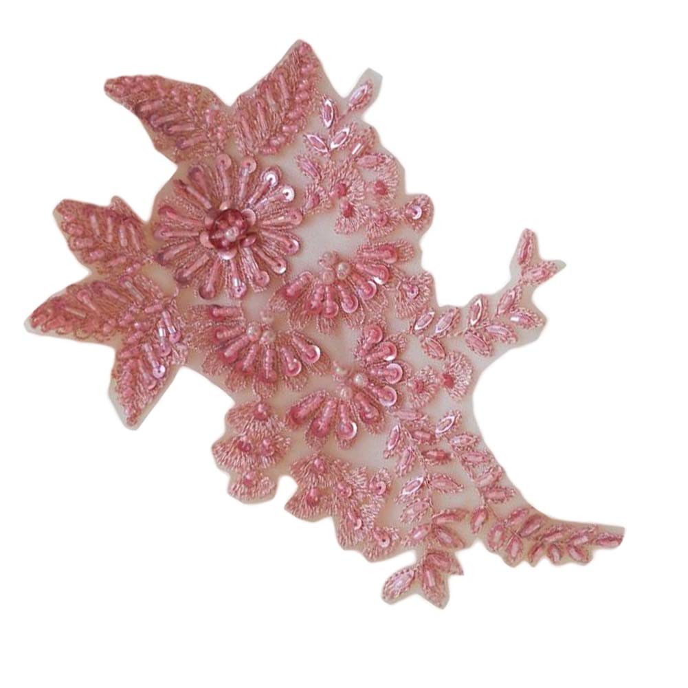2 Pcs Flower Sequin Beaded Applique Patches DIY Sewing Embroidery Lace Wedding Dress Patches, Pink