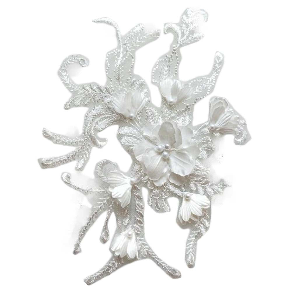 2 Pcs White 3D Flower Embroidery Applique Patches Lace Beaded Wedding Dress Patches DIY Sewing Clothing Accessories