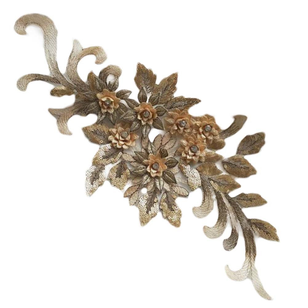 1 Piece Grey Gold Flowers Embroidered Applique Patch Sequin Beaded Lace Patches DIY Wedding Dress Accessories