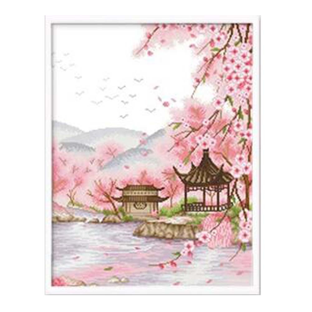 11 CT Chinese Style Pavilion and Plum Blossom DIY Pre-Printed Cross Stitch Kits,16x21 inch