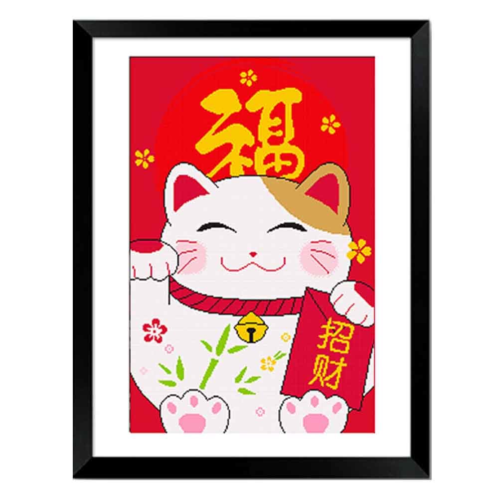 Red Cute Fortune Cat Stamped Cross Stitch Kit Embroidery Kits Wall Decor, 11x17 inch