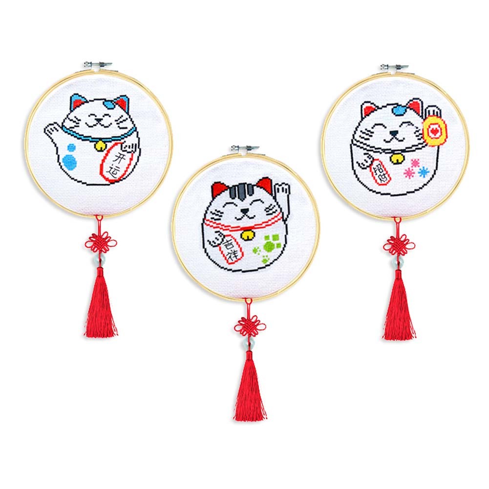 3 Pcs Fortune Cat DIY Cross Stitch Pre-Printed Embroidery Kits for Beginners, 7x7 inch