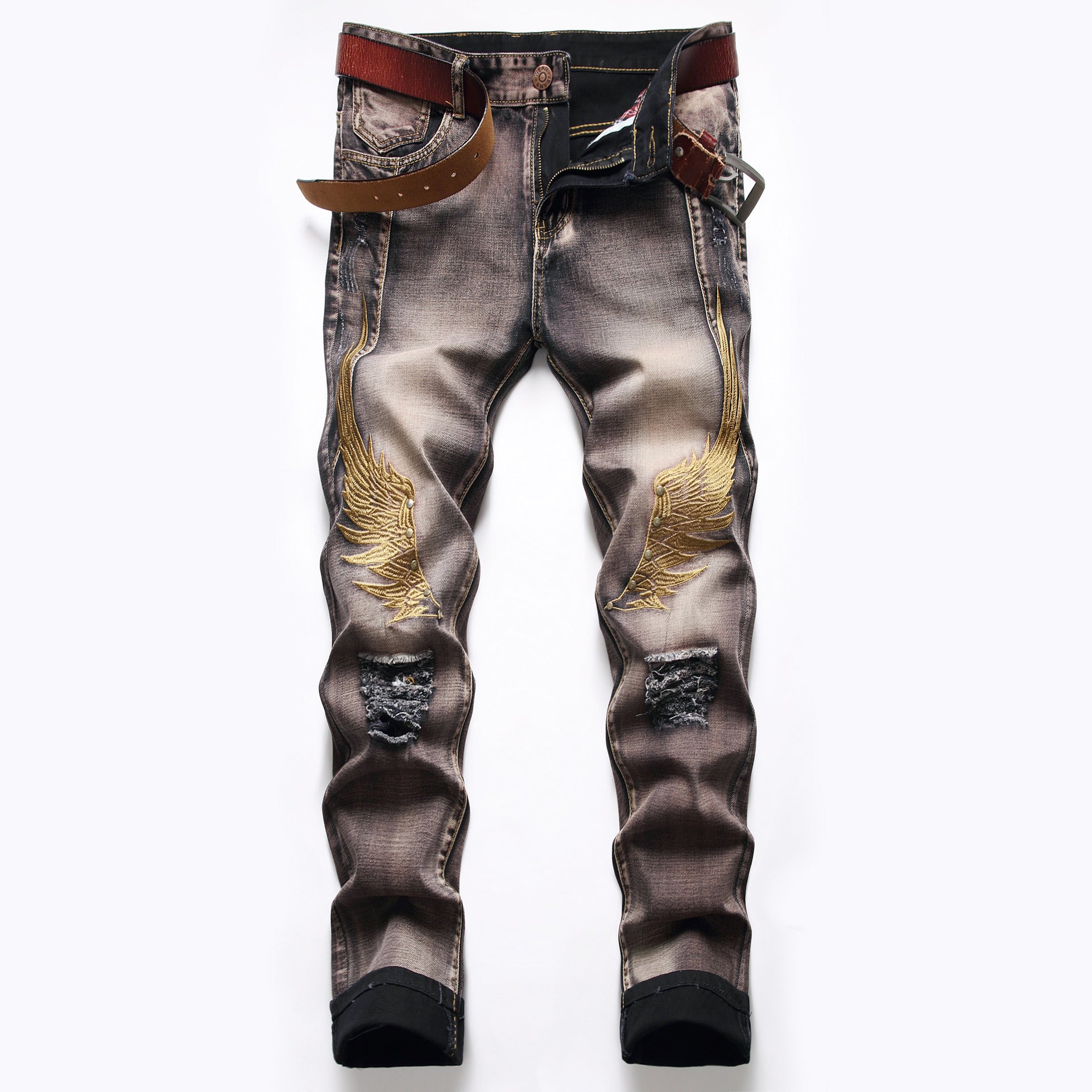 Men's Zipper Fit Jeans Embroidered Wing Denim Pants