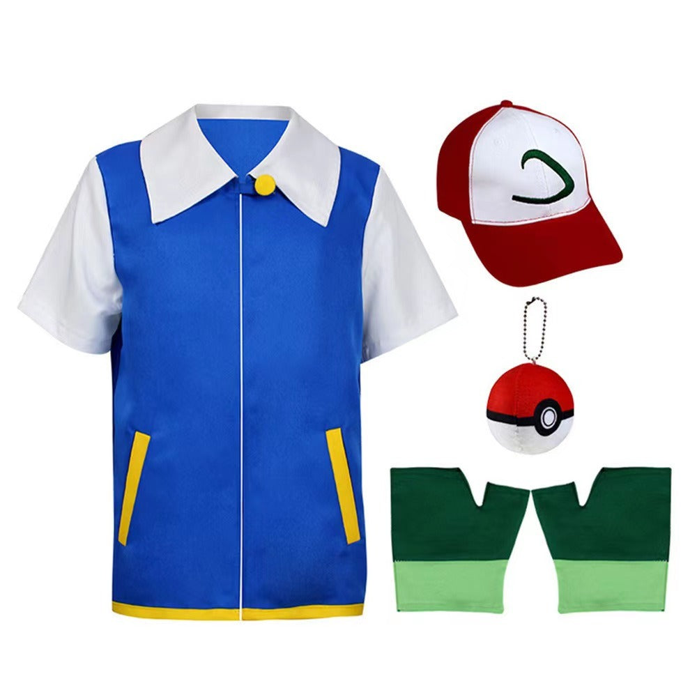 Kids Creative Cosplay Ash Ketchum Blue Jacket Anime Figure Role-playing Show Clothes Trainer Cap And Gloves Set