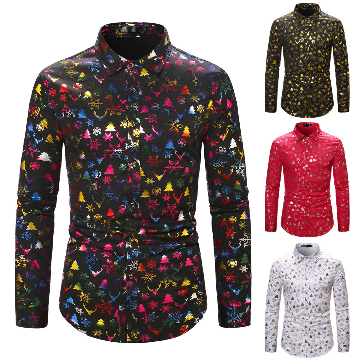 Christmas Shirts for Men Gold Dress Shirt Party Long Sleeve Button Down Shirts Snow Print Hawaiian Tops