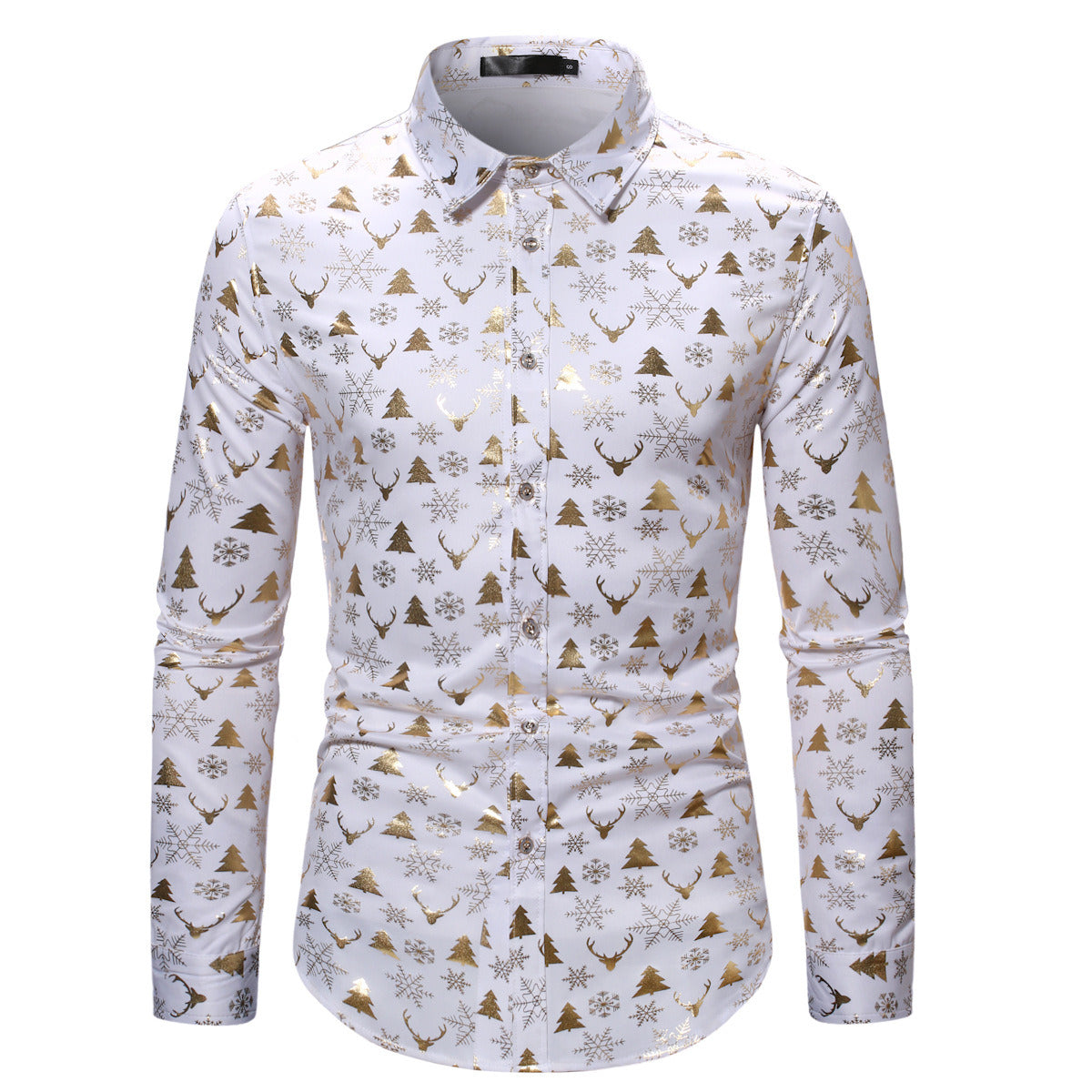 Christmas Shirts for Men Gold Dress Shirt Party Long Sleeve Button Down Shirts Snow Print Hawaiian Tops