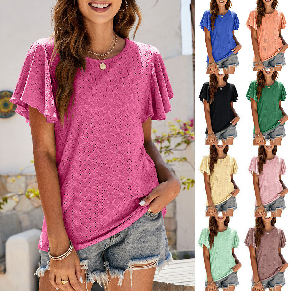 Women's Tops Summer Trendy Eyelet Ruffle Sleeve Flutter Sleeve T shirts Hollow Casual Blouse