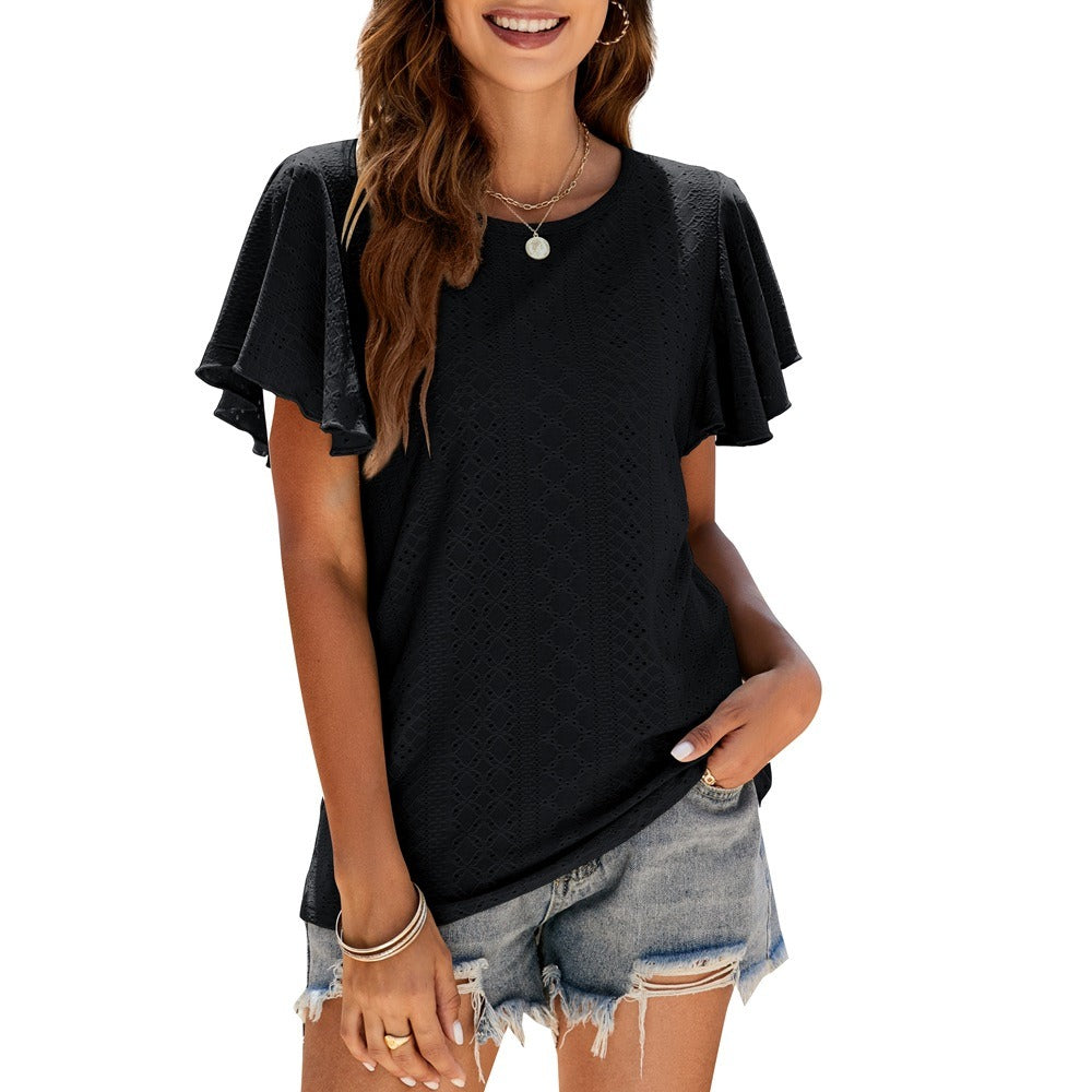 Women's Tops Summer Trendy Eyelet Ruffle Sleeve Flutter Sleeve T shirts Hollow Casual Blouse