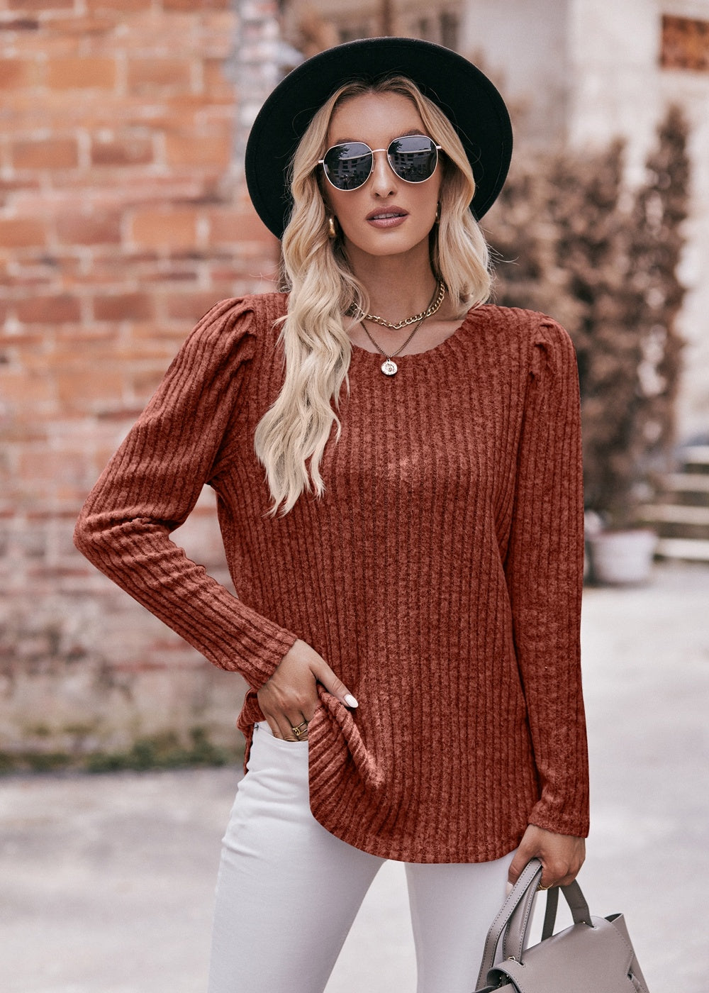 Women's Sweater Puff Long Sleeve Shirts Casual Knit Blouses Crew Neck Elegant Tunic Tops