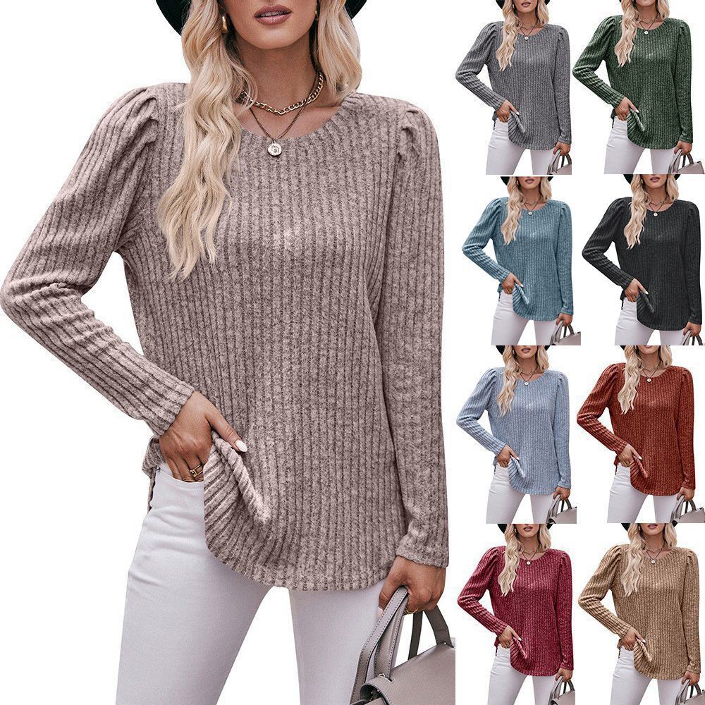 Women's Sweater Puff Long Sleeve Shirts Casual Knit Blouses Crew Neck Elegant Tunic Tops