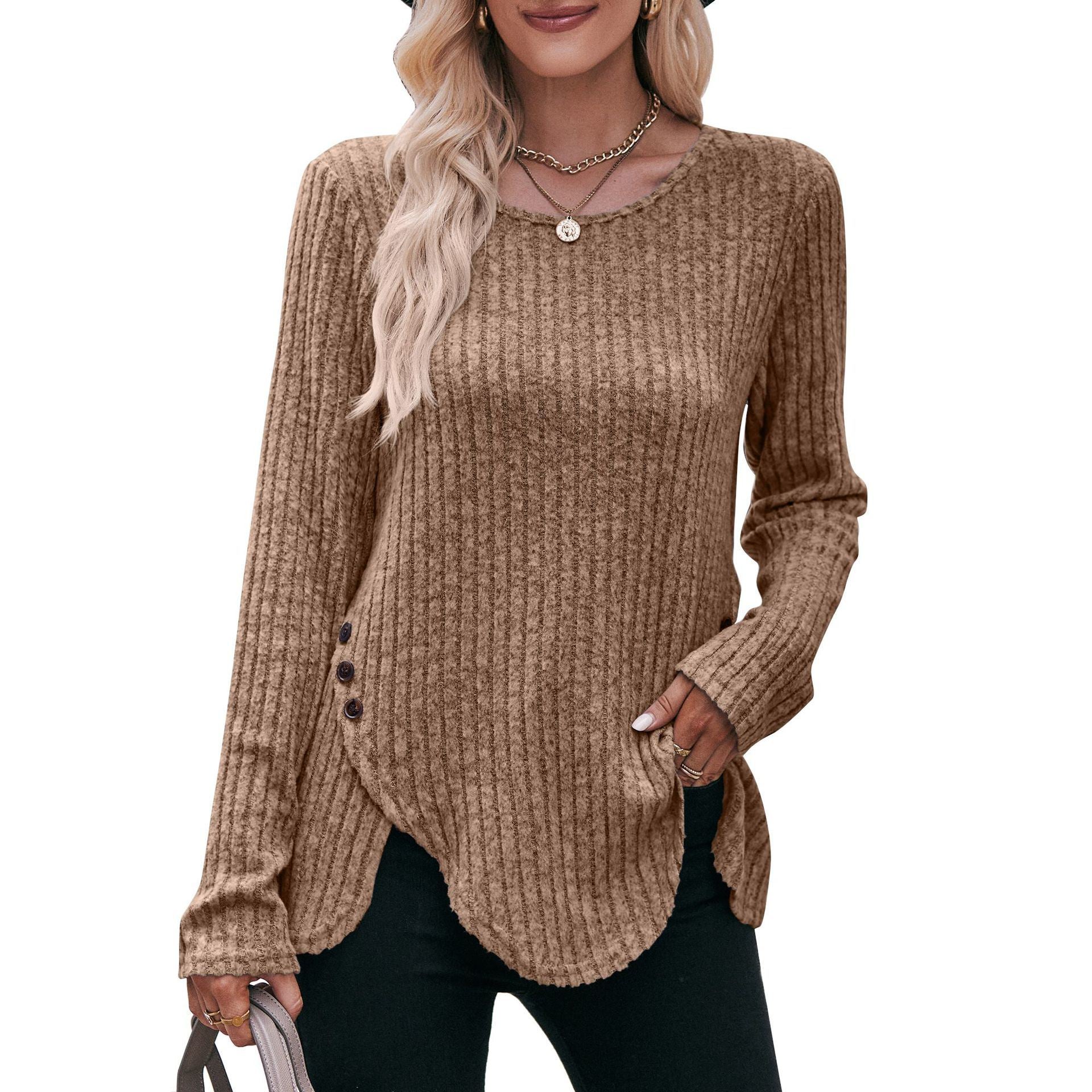Women's Knit Sweater Round Neck Hem Solid Button Down Long Sleeve Tunics Blouses 6 Colors