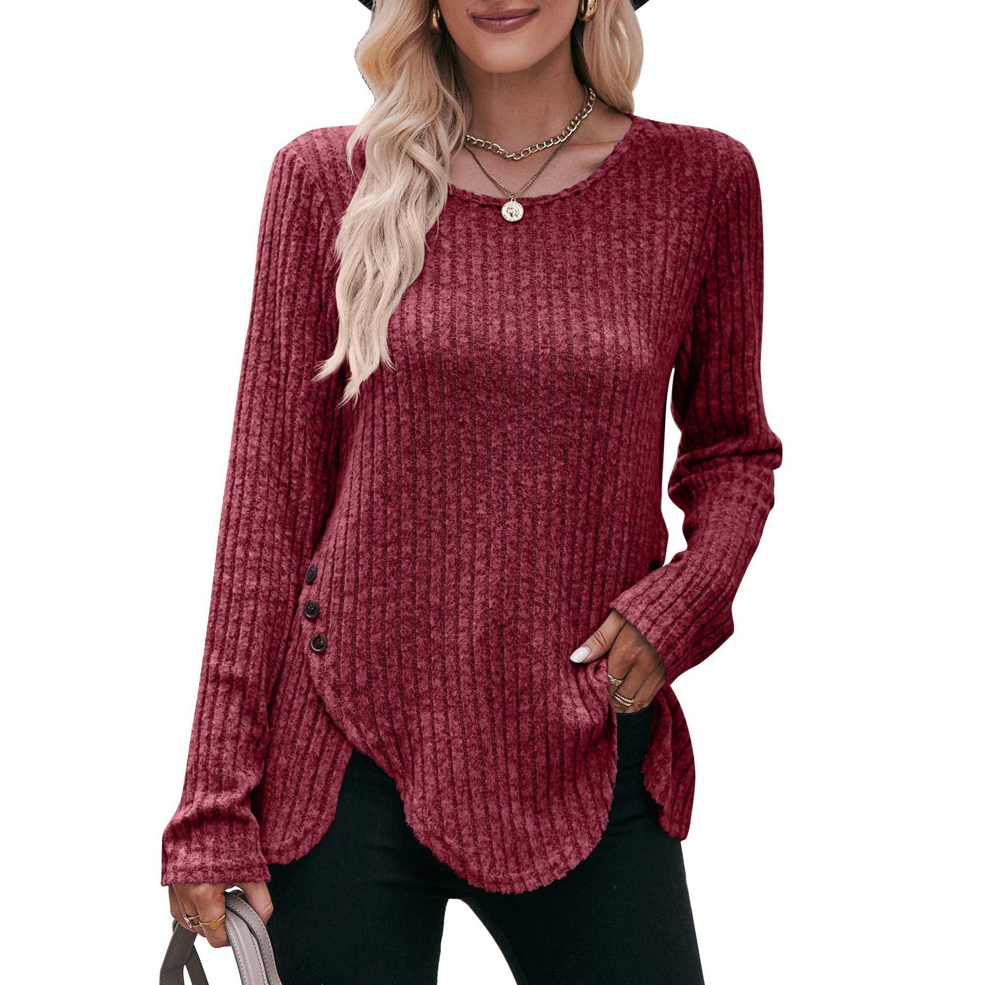 Women's Knit Sweater Round Neck Hem Solid Button Down Long Sleeve Tunics Blouses 6 Colors