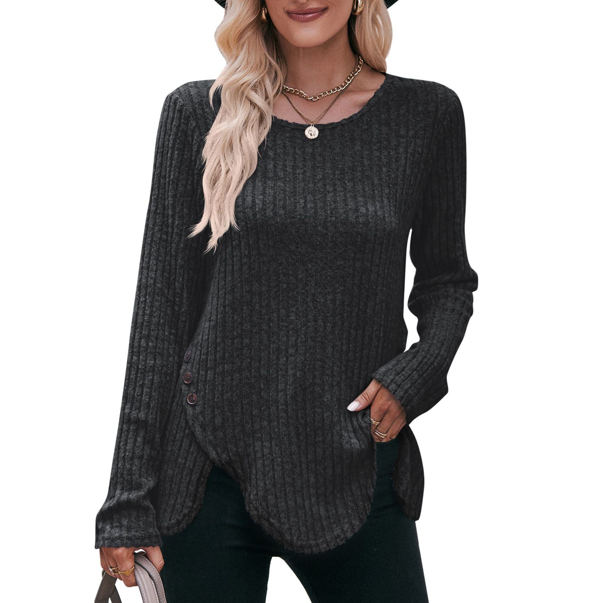 Women's Knit Sweater Round Neck Hem Solid Button Down Long Sleeve Tunics Blouses 6 Colors