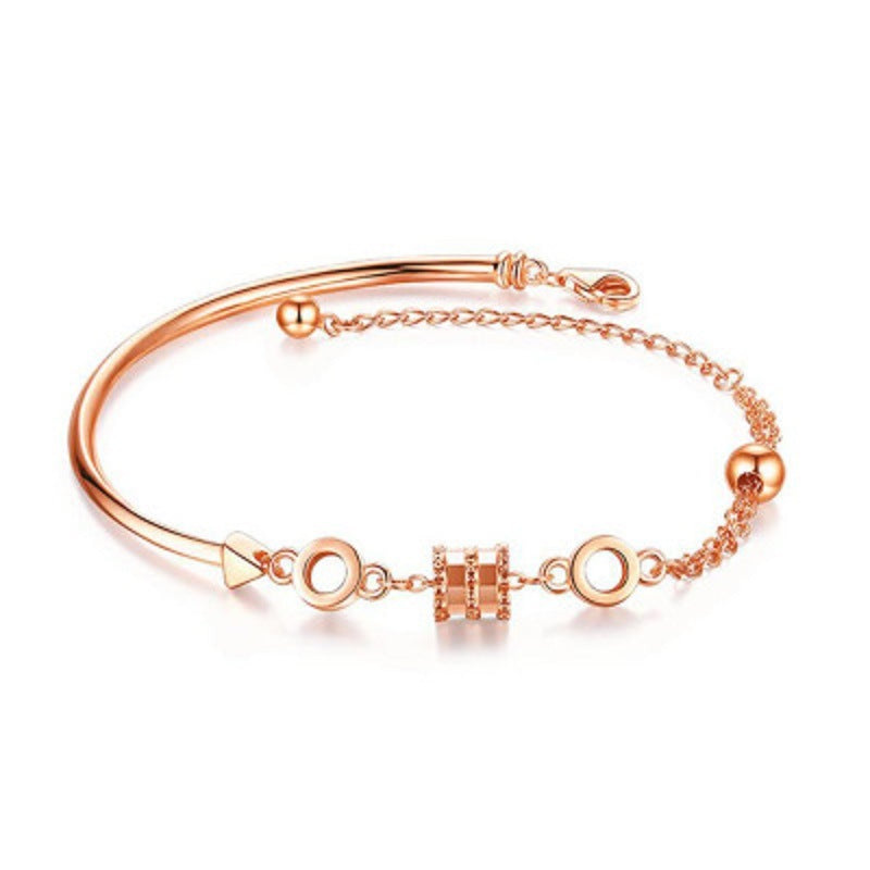 Chain Bracelet Round Charms Half Bar Rose Gold Plated with Lock Adjustable for Women