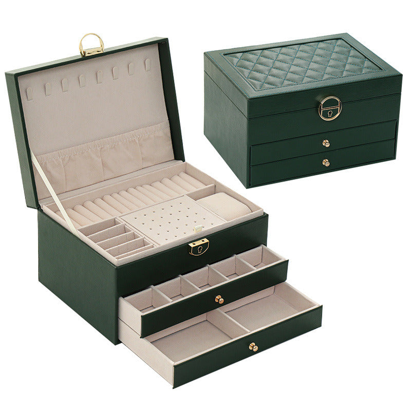 Three Layers New Retro High Quality Pu Jewelry Box With Necklace Hook Earrings Ring Bracelet Storage Case Green Colors