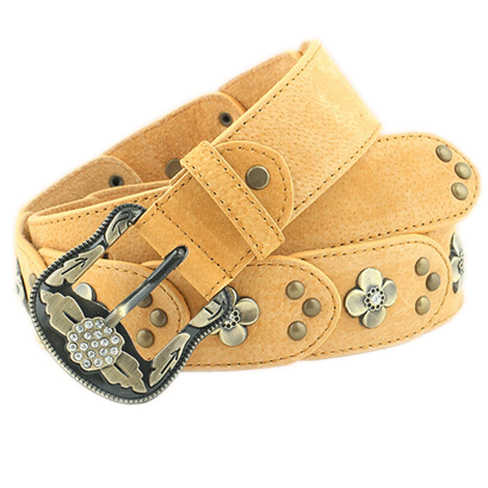 Retro Faux Leather Rivets Florals Belts for Women; Light Yellow