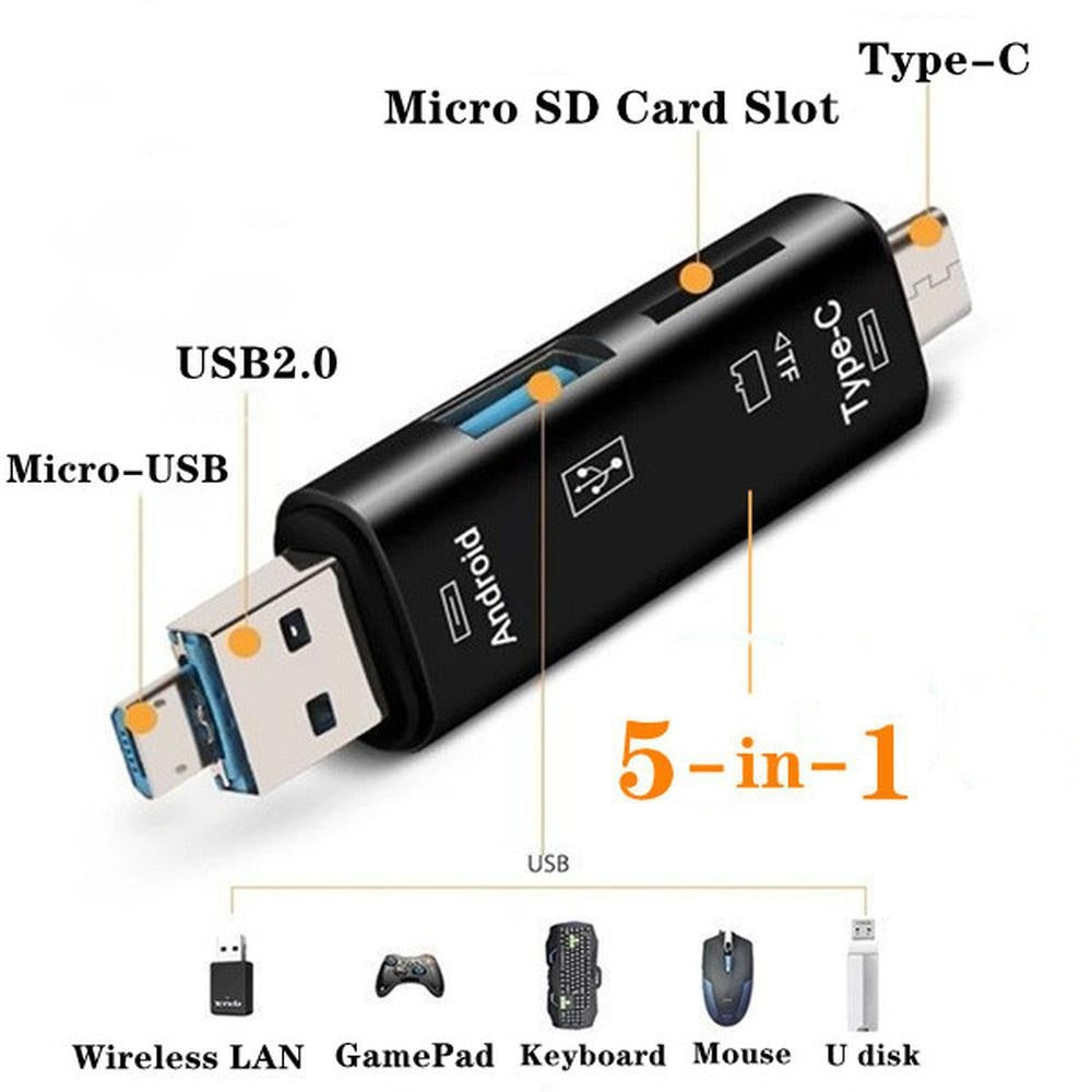 5 In 1 Multifunction Usb Type C/Usb /Micro Usb/Tf Memory Card Reader OTG Card Reader Adapter; card Reader Adapter
